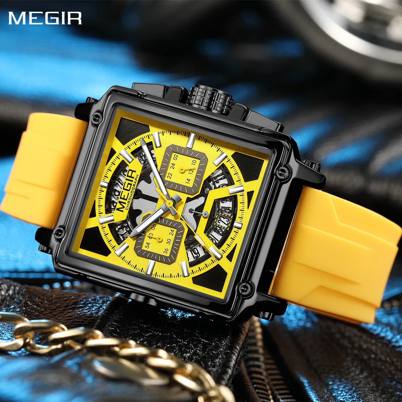 MEGIR Men's Watches Brand Top Sports Military Chronograph Luminous Square Silicone Strap Quartz Watch Montre Homme 2233