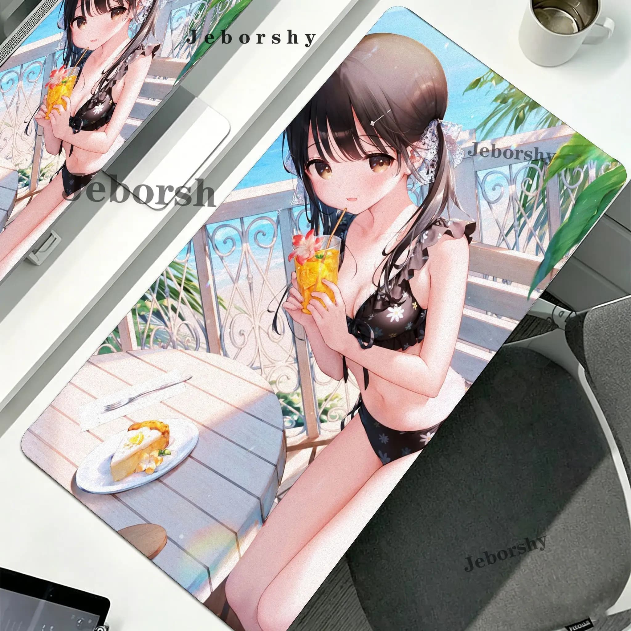Summer Beach Swimsuit Anime Bishoujo Large Mouse Pad, HD Printed Stitched Anti‑Slip Gaming Desk Mat