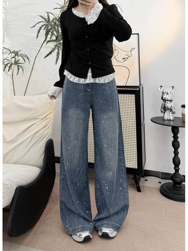 Heavy Duty Rhinestone Women's Jeans Loose Straight Leg Slimming Flashing Pants Retro Style Low Waist Galaxy Diamond Series