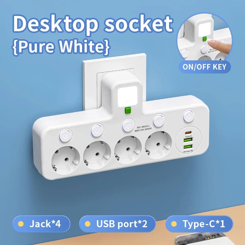 Multipresa con Spina EU, Presa a Muro Universale con Filtro di Rete, Caricatore USB, Interruttore Separato e Adattatore Luminoso
