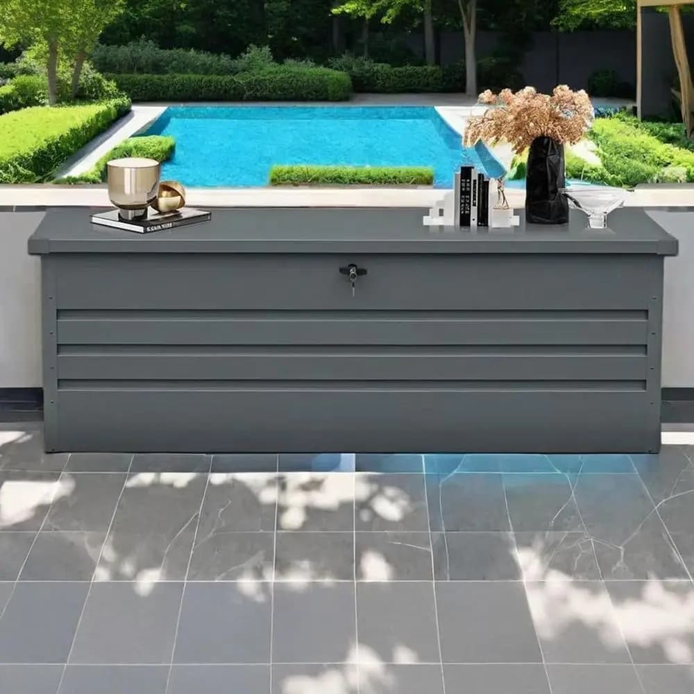 Box da Esterno da 260 Galloni, Box Grande in Metallo per Esterni, Box Contenitore Impermeabile, Box Contenitore per Piscina con Contenitori Chiudibili a Chiave, Grigio