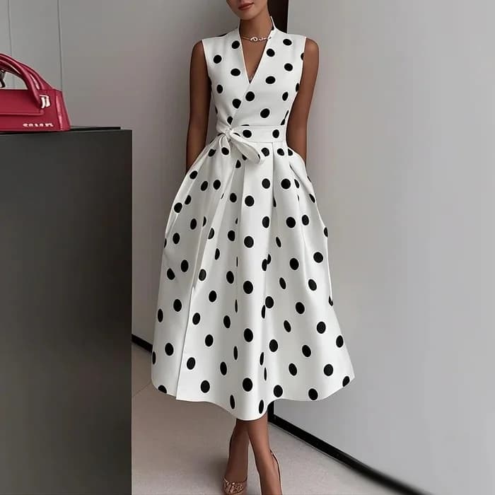 Abito Estivo Vintage a Pois con Vita Alta e Effetto Snellente, Gonna a Linea A, Stile Francese, Scollo a V, Senza Maniche
