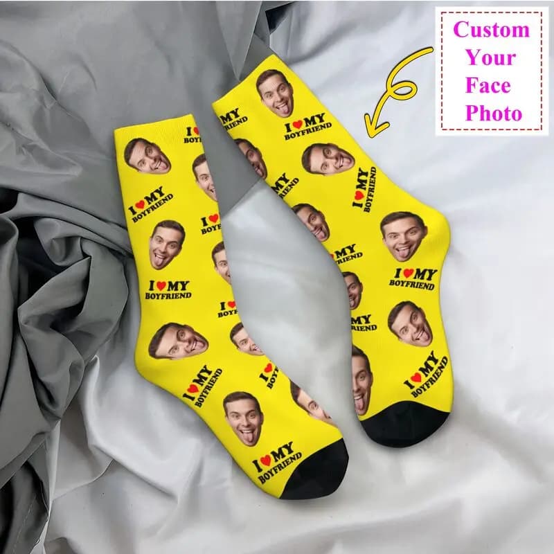 New from man I love my boyfriend Personalized photo for face Elegant personalized socks Unisex warm and comfortable socks with 3D print