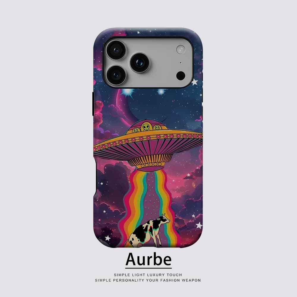 Custodia Magnetica per Telefono con Design UFO che Abbraccia una Mucca per iPhone 17 16 15 14 13 Pro Max Plus, Custodia Robusta a Strato Singolo o Doppio