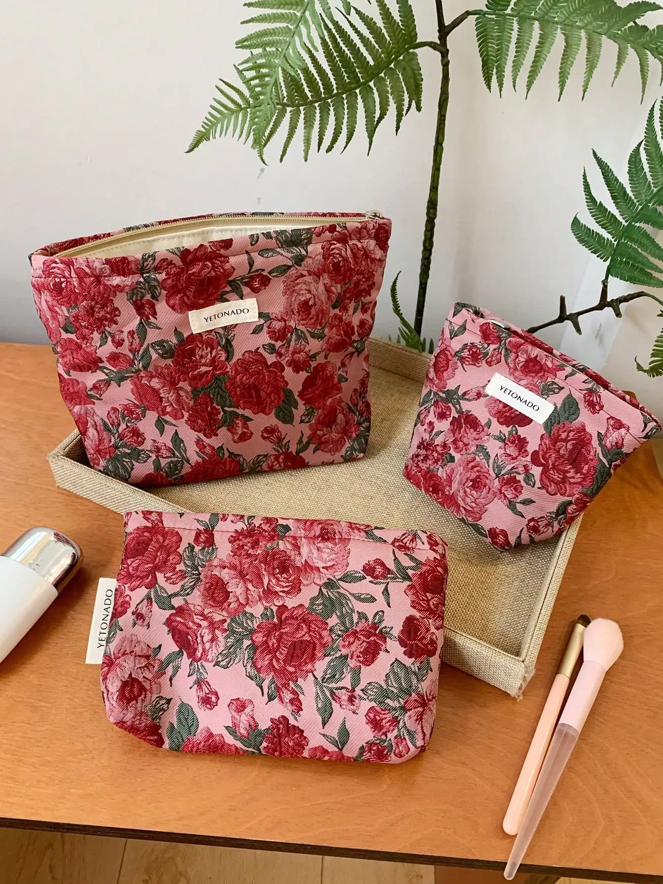 1 piece/set Vintage make-up bag with red rose, pink make-up bag with pink pattern, make-up bag, cute daily wash bag