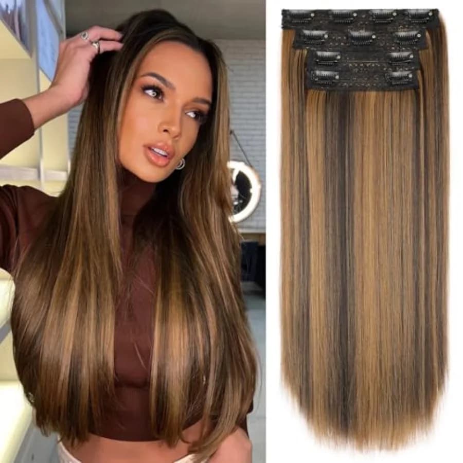 Clip in Hair Extensions Long Straight Hairpieces 22 Inch Balayage Dark Brown to Chestnut 4PCS Ultra-thin and breathable Hairpie