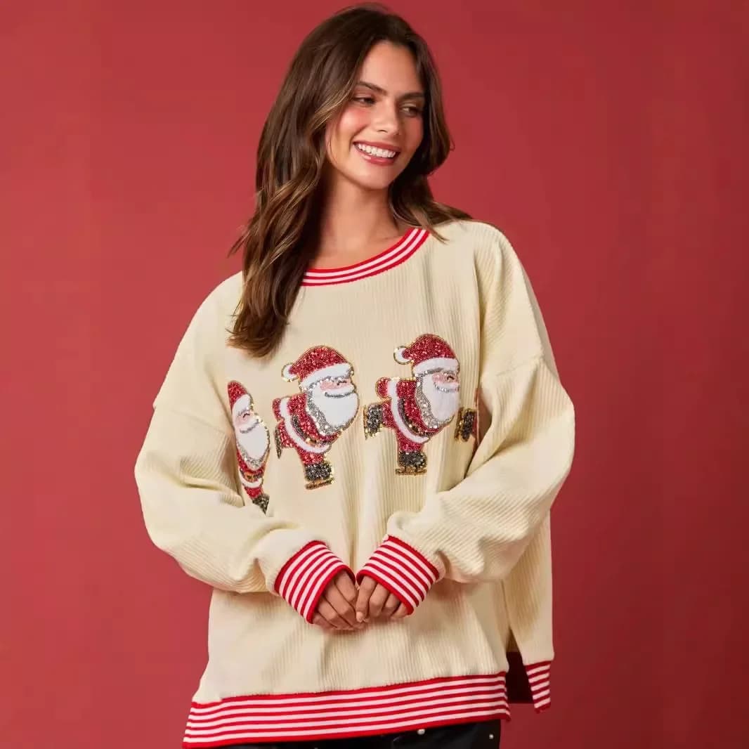 Felpa girocollo moda Abbigliamento donna Paillettes Charistmas Babbo Natale Pattinaggio su ghiaccio Felpe con cappuccio laterali a righe larghe a maniche lunghe