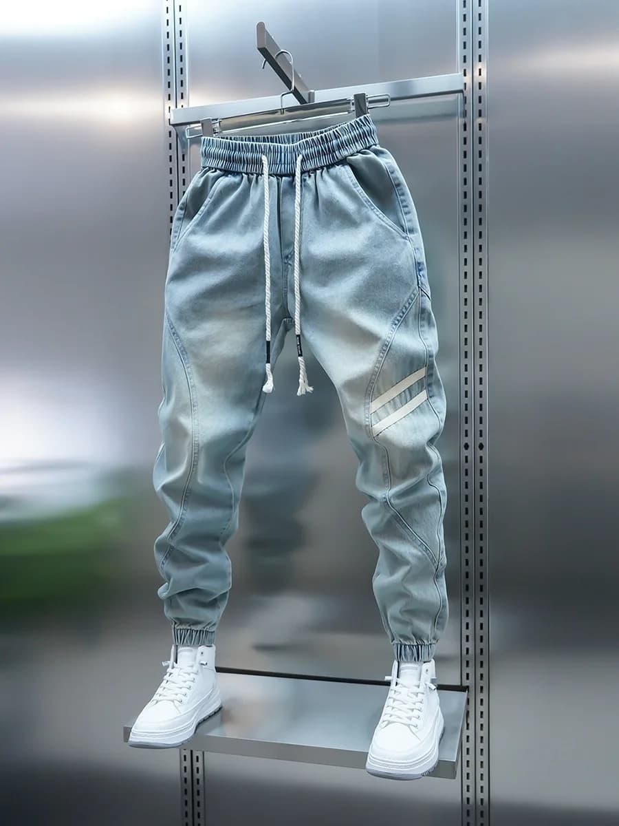 Jeans Casual da Uomo Slim Fit Blu Chiaro con Patchwork, Vita Elastica, Elasticizzati, Stile Harlan, Vita Media, Decorazione con Cerniera