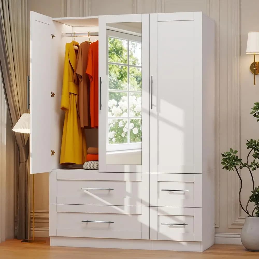 Armadio con 4 cassetti profondi, guardaroba in legno con ante e specchio, armadio bianco per camera da letto con appendiabiti