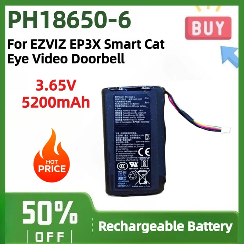 PH18650-6 3.65V 5200mAh Rechargeable Lithium Replacement Battery for EZVIZ EP3X Smart Cat Eye Video Doorbell