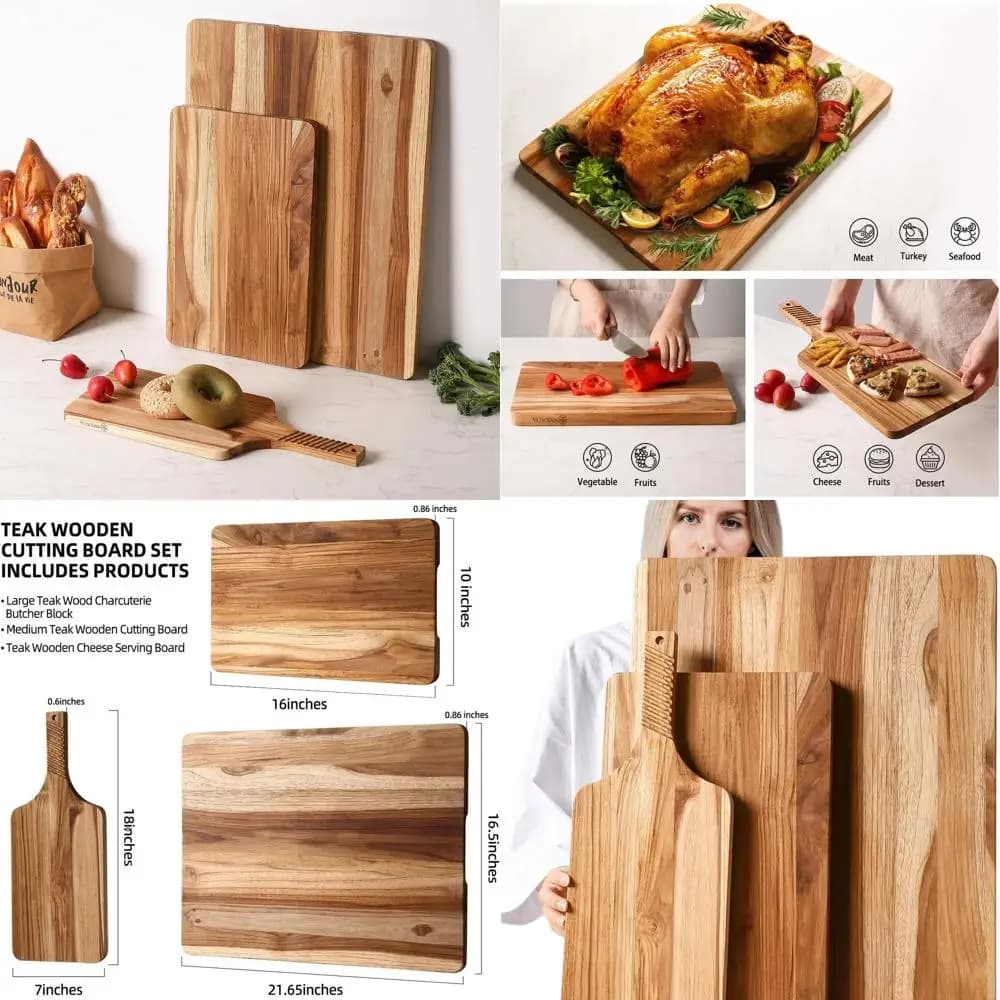 Set of 3 teak wood kitchen cutters, thick and large cutters, wooden trays for turkey, meat, fruit and cheese