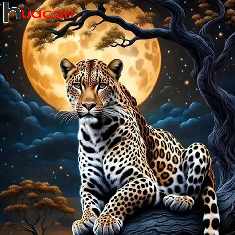 Huacan DIY Cheetah Diamond Painting Night Moon New Arrivals 2025 Diamond Mosaic Full Tree Wall Decor