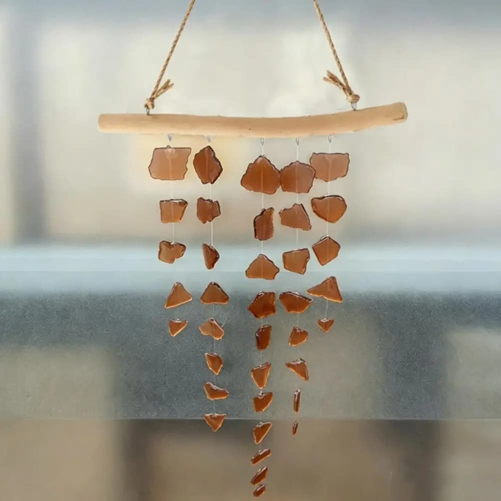 Natural Sea Glass Decor Handmade Sea Glass Wind Chime Driftwood Coastal Decor Beach House Hanging Ornament for Window Outdoor