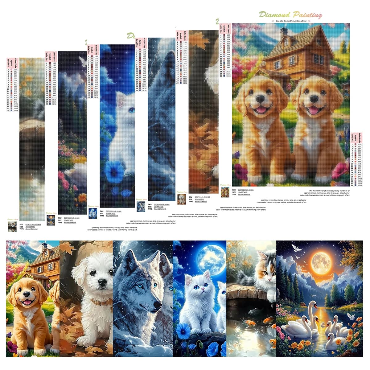 PhotoCustom 6pcs Animal 5d Diamond Painting Set Diamond Embroidery Painting Cat Dog Full Round Square Diamond Rhinestones Home D