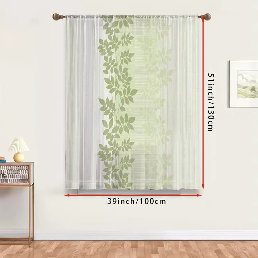 1PC Sheer Curtain Green Vine Leaf Stripe Vertical Print, Rod Pocket Window Curtain for Living Room Botanical Decor