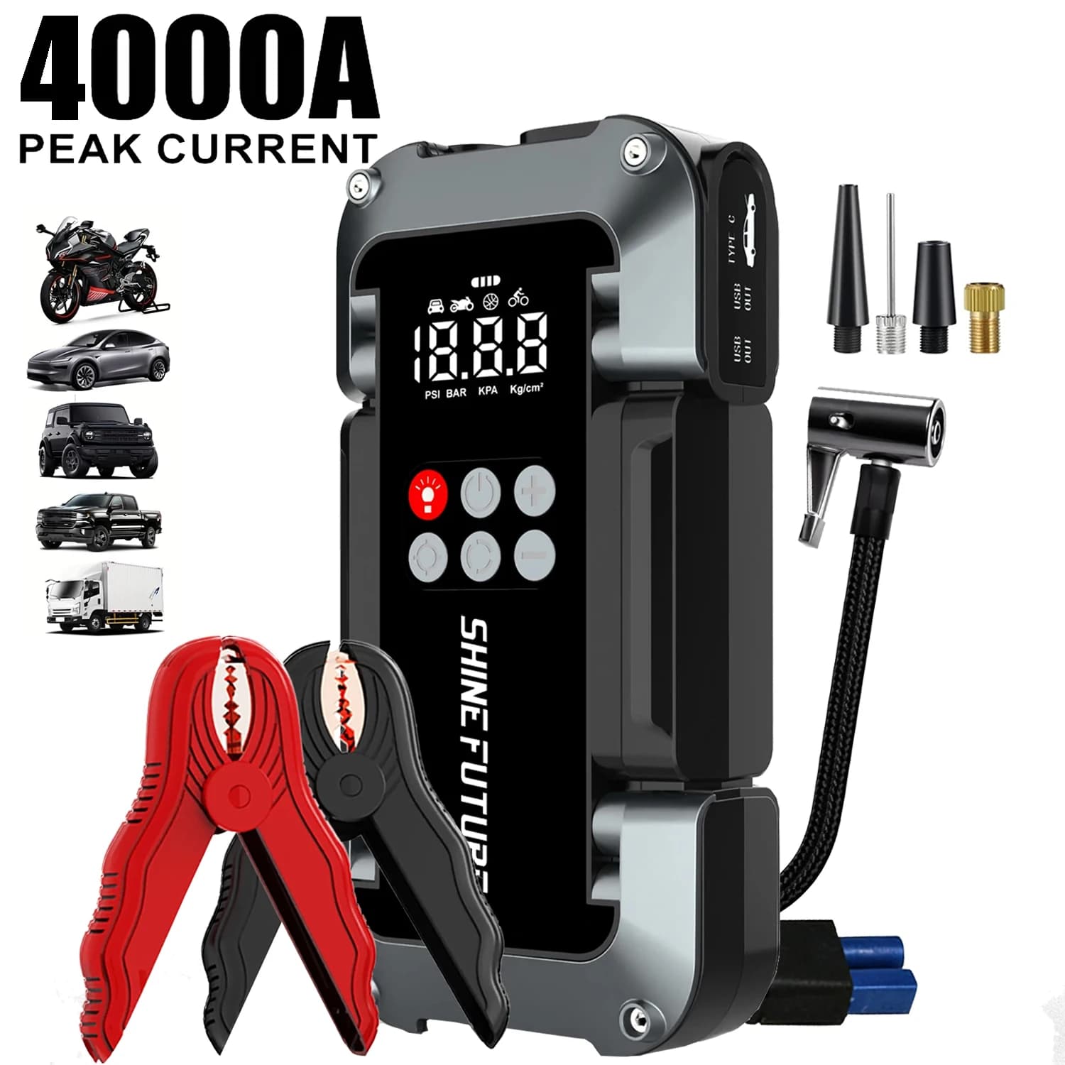 Avviatore di Emergenza per Auto 6 in 1 con Corrente di Picco 4000A, Booster Batteria, Power Bank, Batteria al Litio e Gonfiatore Pneumatici