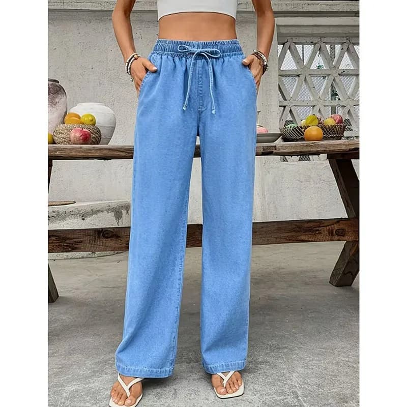 Lady Retro Baggy Elastic Drawstring Waist Jeans Female Comfortable Blue Wide Leg Denim Trousers Women Korean Fashion Pants