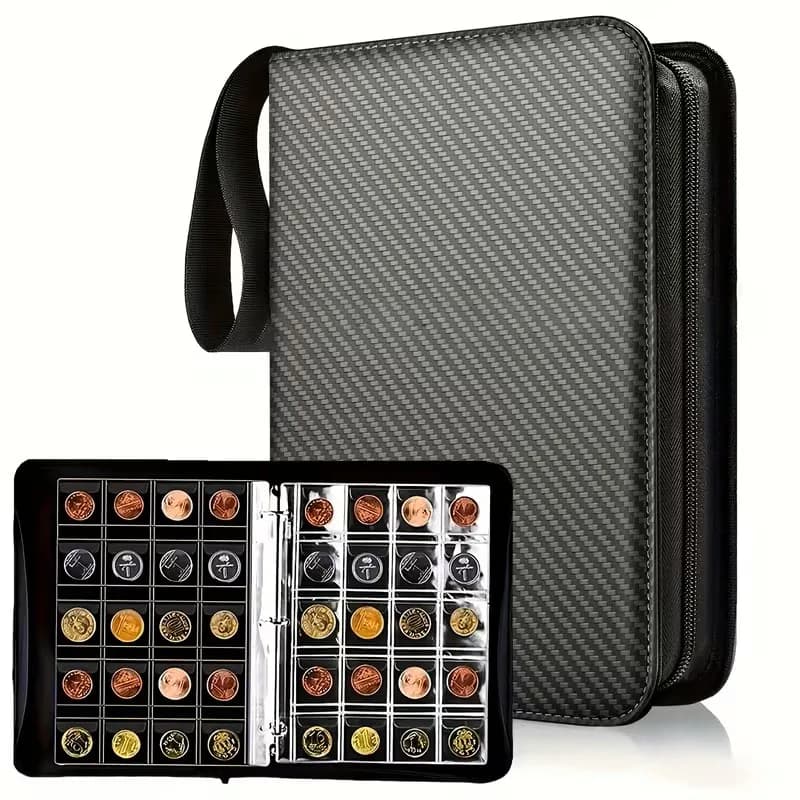 Album Portamonete con Cerniera in PU, Contiene 200 Monete, 10 Tasche per Pagina, Album Portatile per Esposizione e Protezione