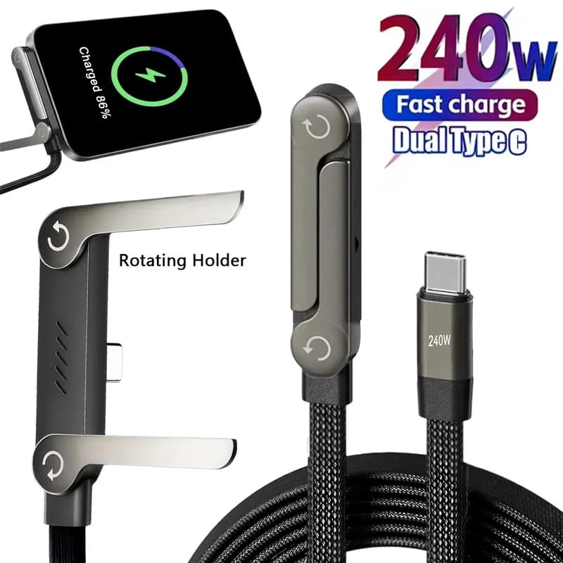 Cavo di ricarica rapida USB Type-C da 240W con supporto pieghevole 2-in-1, cavo dati USB-C e supporto per telefono per iPhone 17 16 15 Samsung