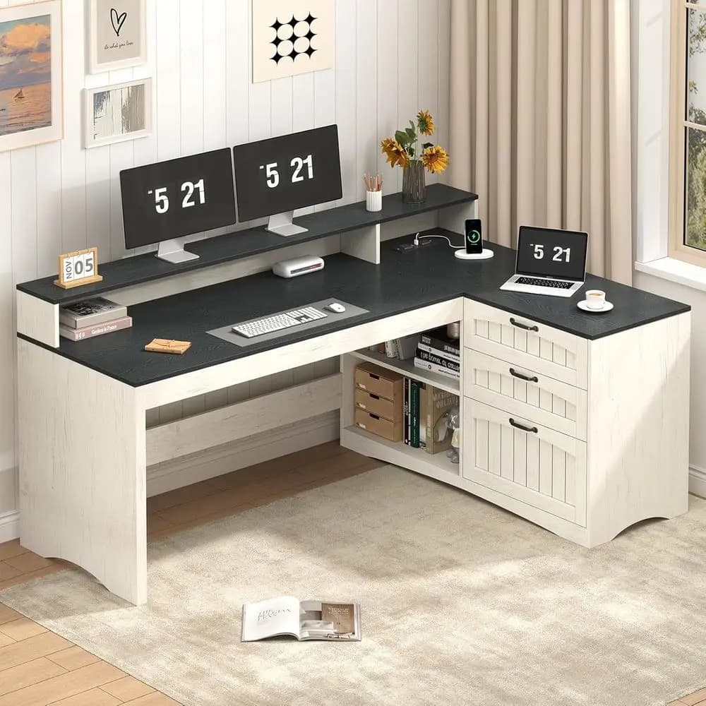 Scrivania a L, scrivania da ufficio 61 con cassetti e spazio contenitore, scrivania per computer con presa di corrente, scrivania direzionale con supporto per monitor, stampante