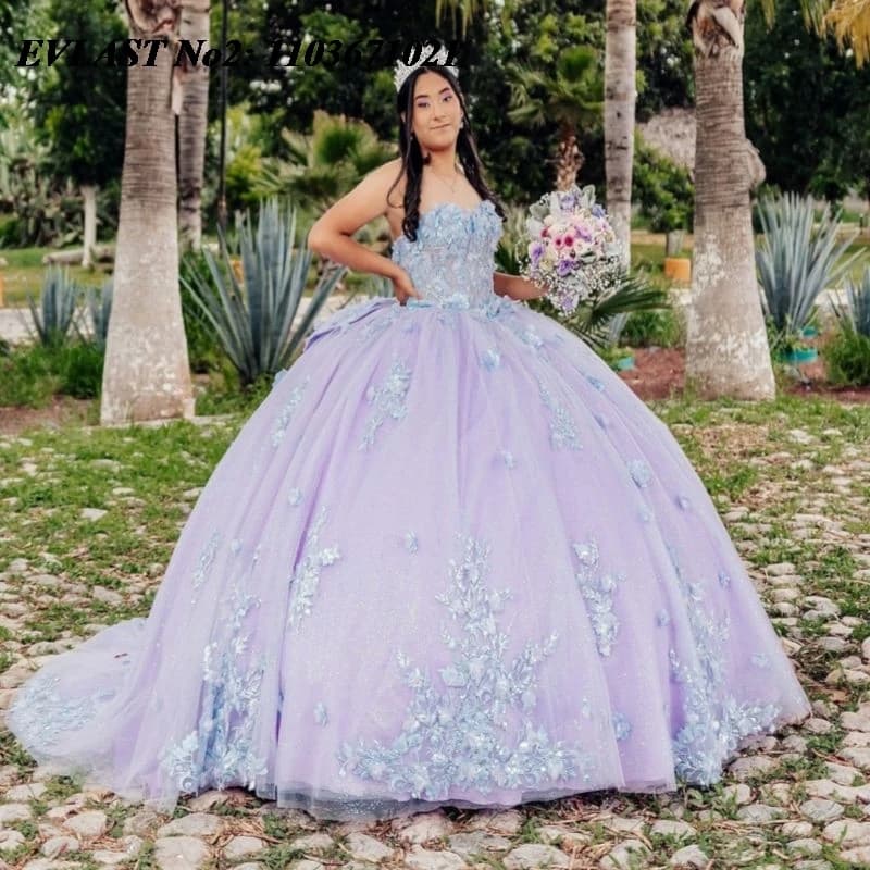 EVLAST Personalizzato Lucido Lilla Chiaro Abito Quinceanera Abito di Sfera Applique Floreale Che Borda Arco Dolce 16 Abiti 15 Anos E2QA116