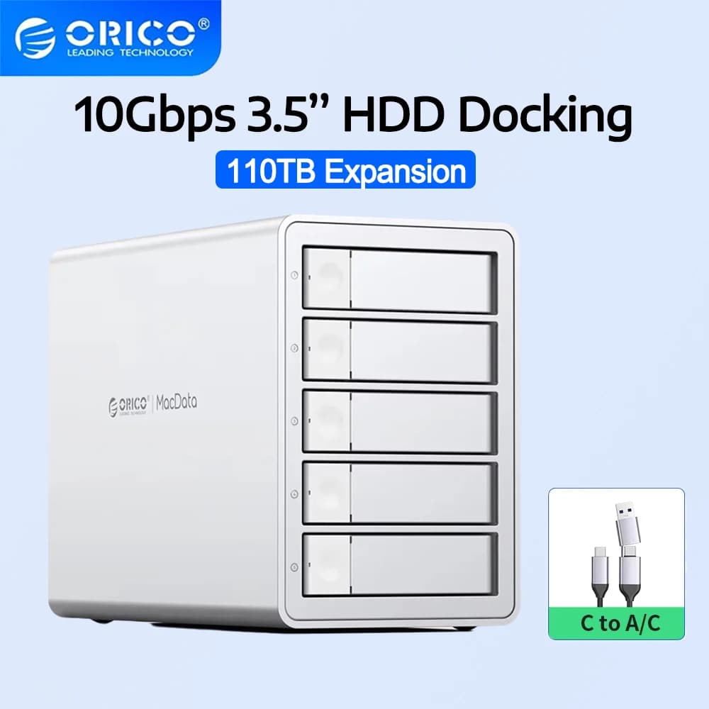 ORICO Docking Station per HDD da 10Gbps a 5 Bay, Case Esterno per Hard Drive 2.5/3.5", Case per SSD/HDD 2.5/3.5", Espansione DAS Daisy Chain fino a 330TB