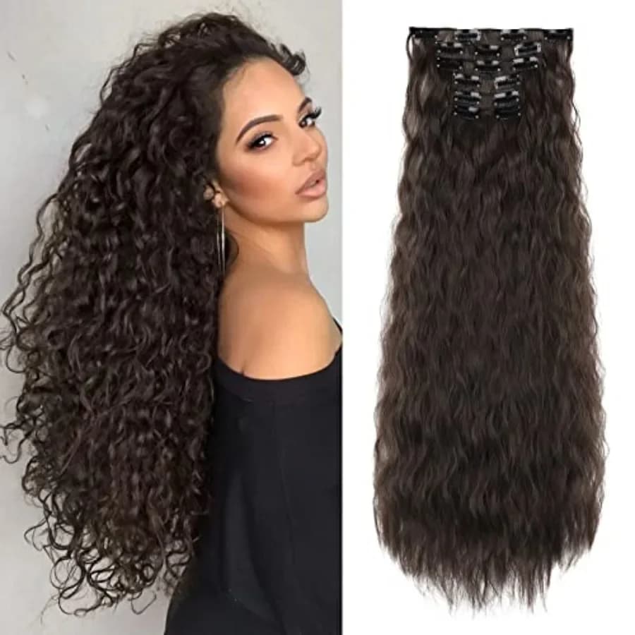 6PCS Clip In Hair Extensions 24" Black Brown Hair Extension Long Mermaid Waves Synthetic Clip On Hairpiece For Women