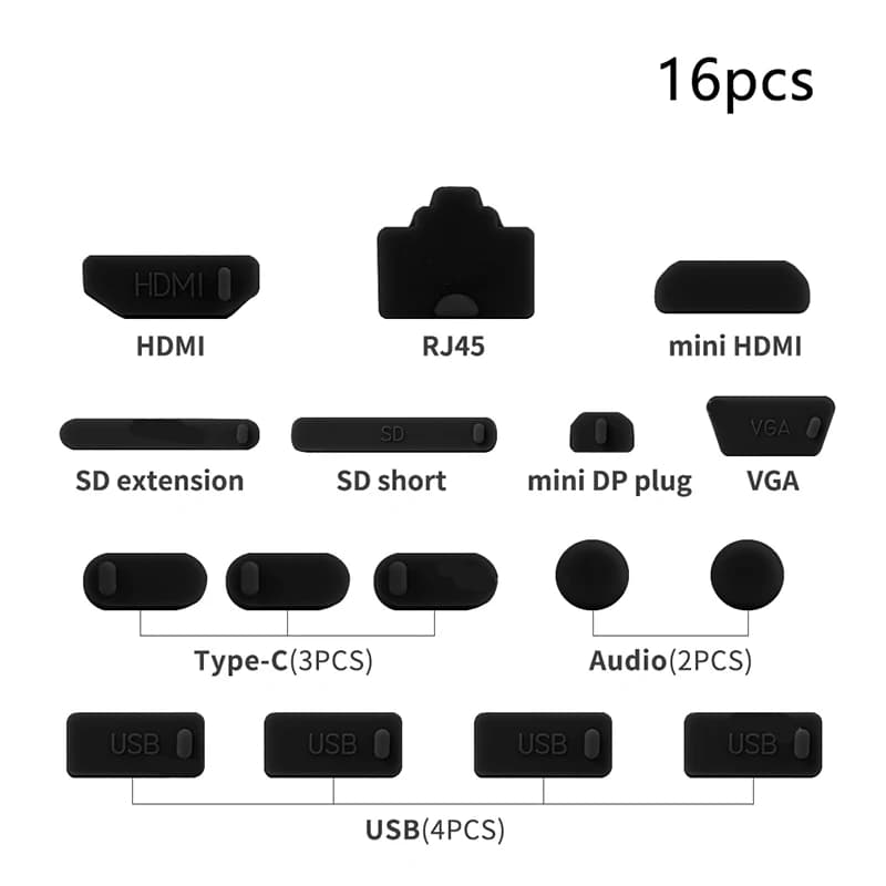 1 set/16 pcs Notebook In Silicone Spine Dust Cover Cap Type C Computer Laptop Anti-dust USB port HDMI RJ45 Interface Cover Waterproof