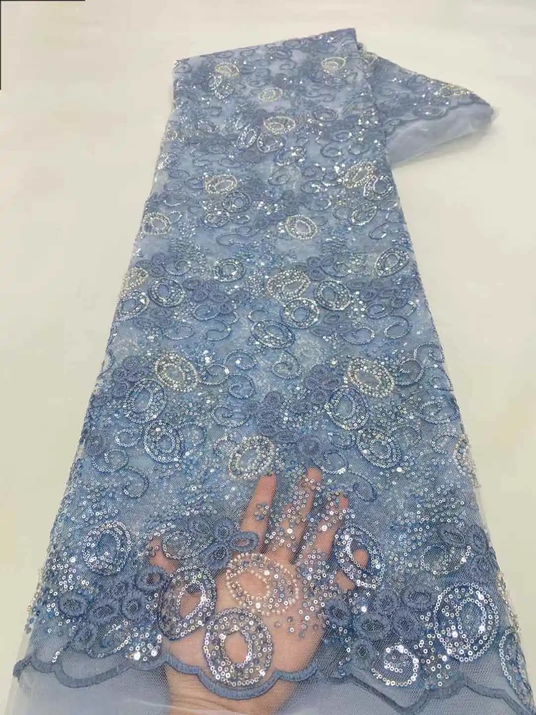 Tessuto di pizzo tulle africano blu 2025 tessuto di paillettes netto francese cucito ricamo con pizzo sposo tulle maglia abito da festa Nigeria