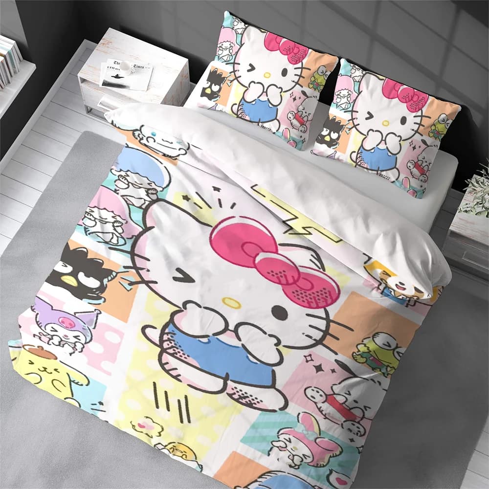 Set Copripiumino Hello K-Kitty, Stile Casa, Morbido Cotone, Set da Letto in 3 Pezzi, Regalo per Dormitorio Studentesco
