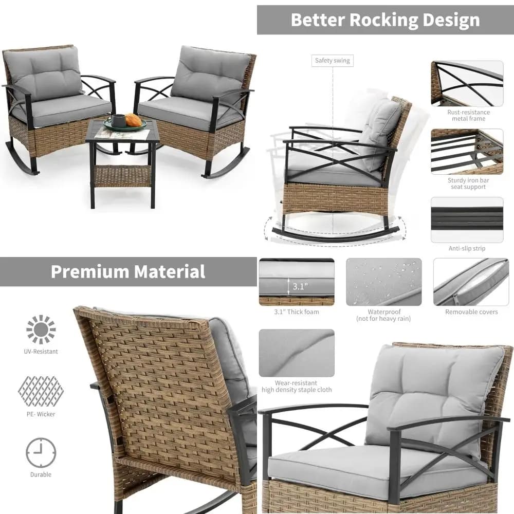Set of 3-piece grey wicker outdoor rocking chairs with cushions and bistro table on the patio