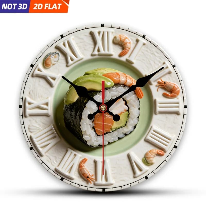 2D Piatto. 1 pezzo. Orologio da parete a tema sushi e frutti di mare, orologio decorativo silenzioso, orologio da parete creativo, adatto per camera da letto, soggiorno