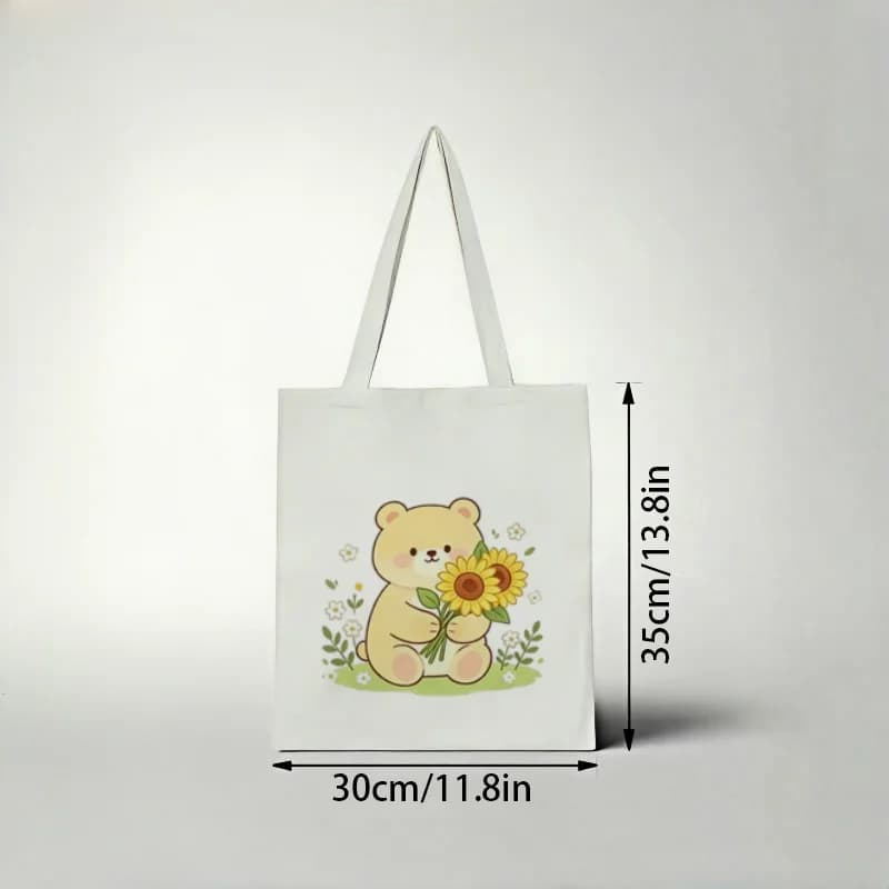 1 pezzo di adorabile borsa tote in tela color pastello con orsetto giallo chiaro, girasoli e fogliame verde