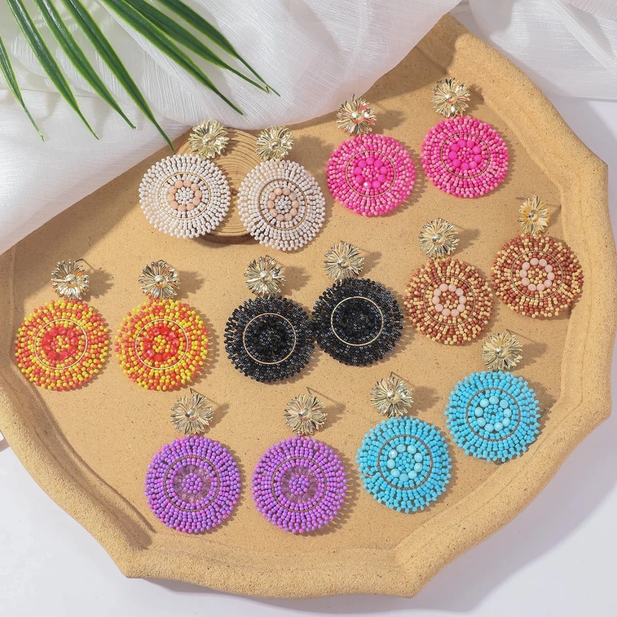 Boho Ethnic Irregular Flower Beads Pendant Earrings For Women Elegant Handmade Round Earrings With Beads Jewelry For Summer Vacation