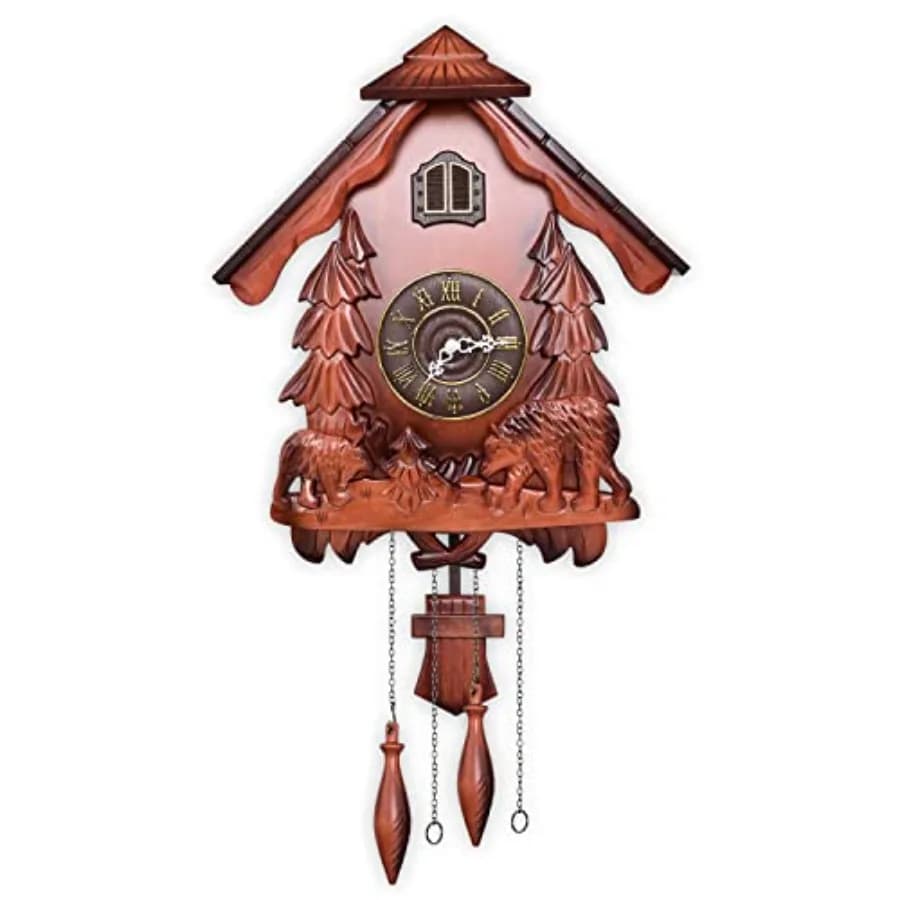 Vintage wall clock for living room, handcrafted wood, walnut brown, silent quartz movement and authentic cuckoo sound