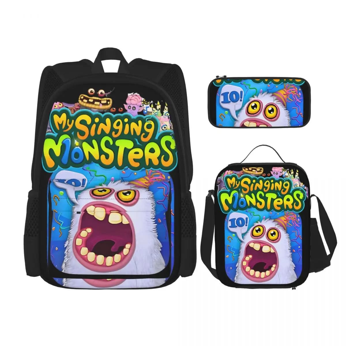 3pecs/set My Singing Monsters Backpack for Boys Girls College Shoulder Bag Lunch bag Pencil Case
