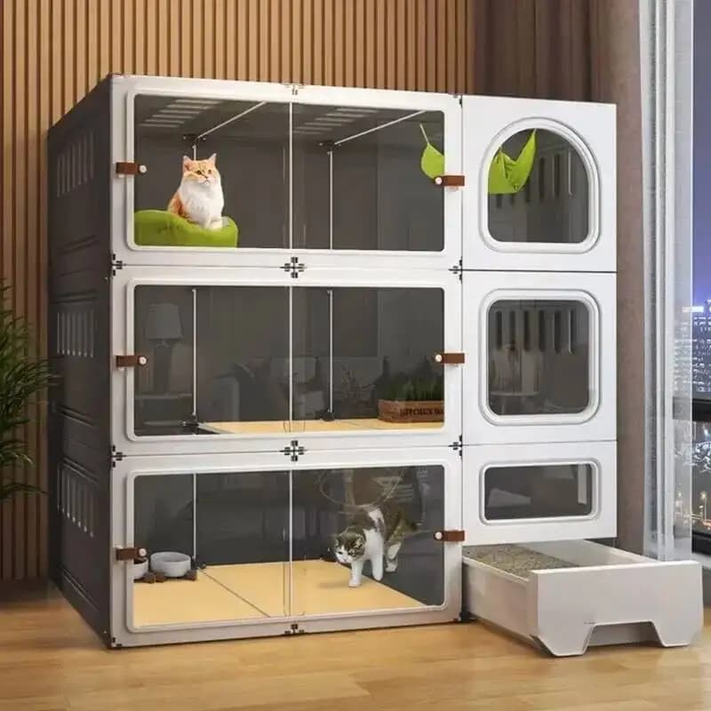 Cucce e Gabbie per Gatti da Interno Multilivello con Recinzione, Integrato con Lettiera Chiusa Trasparente, per Villa e Casa, Articoli per Animali Domestici P Z