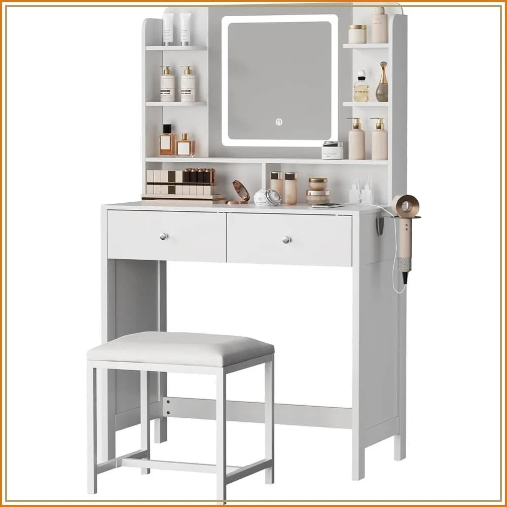 White Vanity with LED Mirror, 8 Shelves, 2 Drawers, Charging Station, Hair Dryer Holder & Stool, 3 Light Modes