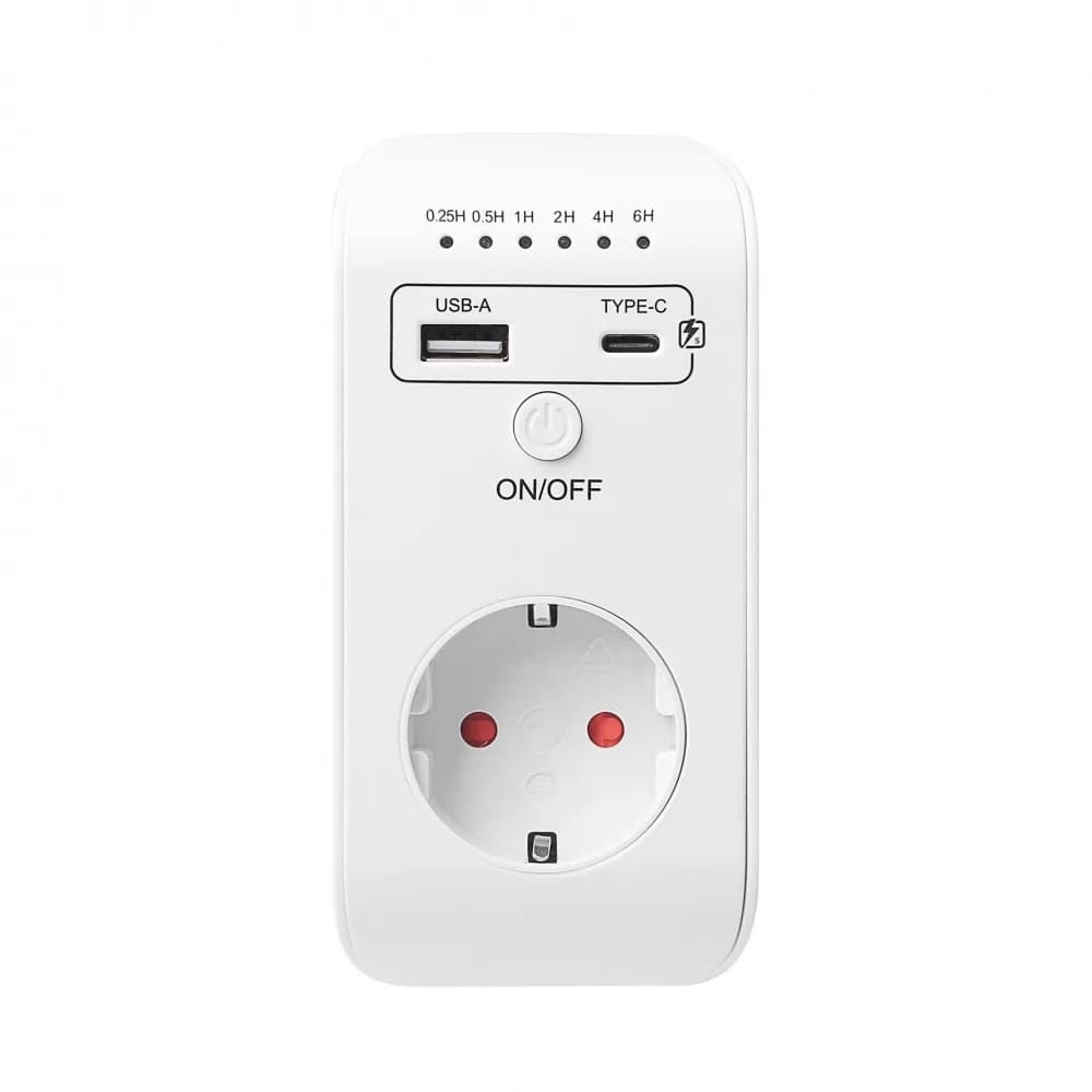 Presa con Timer e USB Tipo-C 2.4A per Ricarica Rapida, Controllo Intelligente del Tempo, Timer da 0.25/0.5/1/2/4/6 Ore, Presa con Spina EU