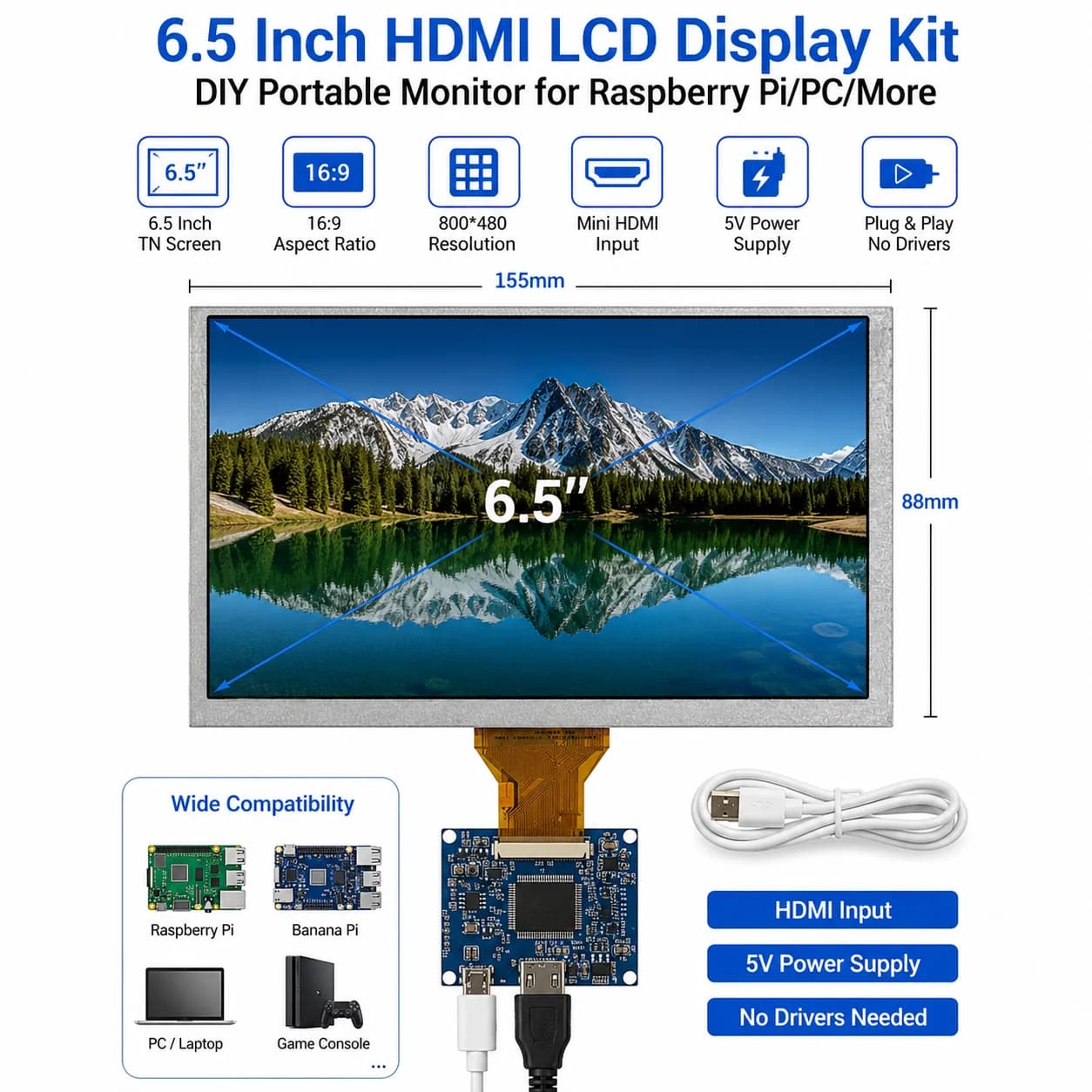 6.5 Inch LCD Screen Display Monitor Driver Control Board HDMI-Compatible For Raspberry Banana/Orange Pi Computer PC