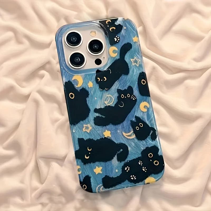 Phone Case For iPhone 17 Pro Max 16E 16 15 14 13 12 11 XS X XR 7 8 Plus SE2 Air Moon Stars And Black Cats Design Silicone Cover