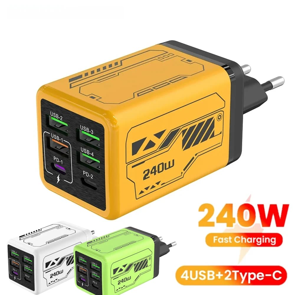 USB Charger from 240 W 6 ports Type C Charging Adapter for mobile phone with super fast charging USB PD3.0 EU/UK/US Plug USA for iPhone 17 16 Samsung