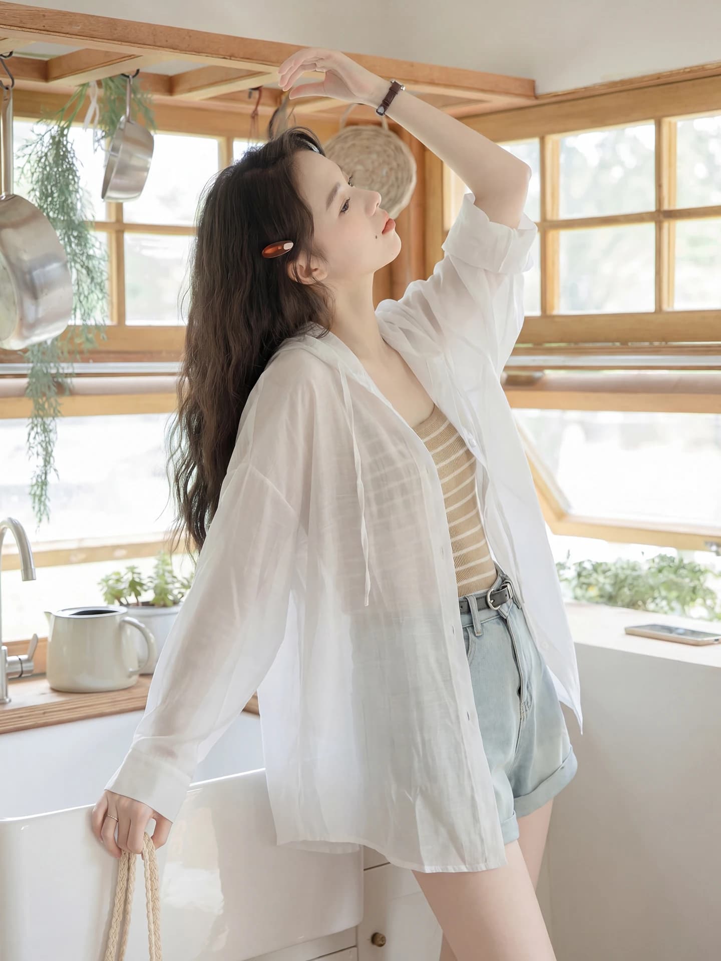 Women's Korean Style Long Sleeve Hoodie Shirt Casual Thin Loose Summer Sun Protection Top Open Cardigan Coat White