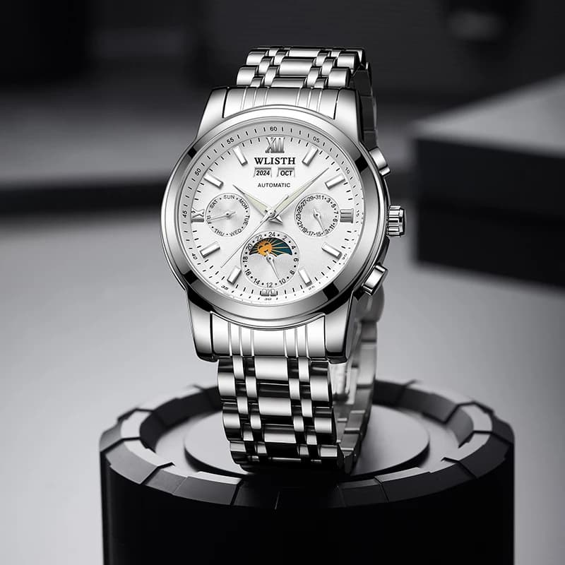 Men Watch Moon Phase Dial Automatic Date Mechanical Watch Waterproof Luminous Stainless Steel Watches for Man reloj hombre