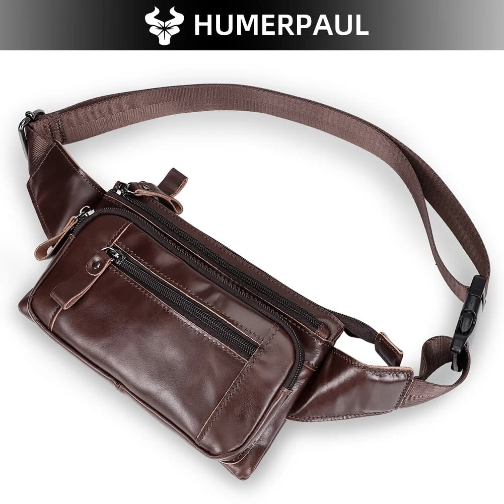HUMERPAUL Marsupio da uomo in pelle di vacchetta Borsa da cintura classica Borse da viaggio in pelle naturale per esterni con tasca per telefono