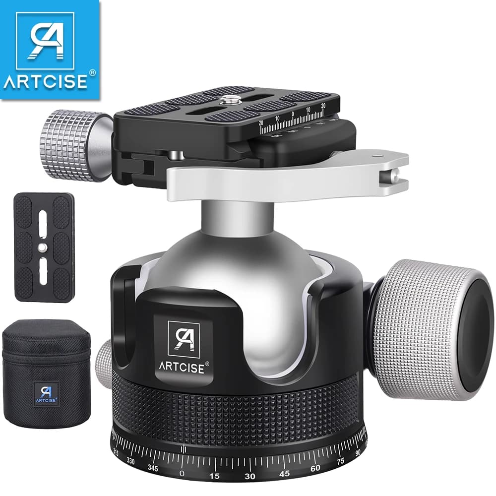 ARTCISE KB55F Testa per treppiede CNC interamente in metallo Testa a sfera a basso profilo con design a doppio tacca per videocamera DSLR monopiede Carico 40 kg