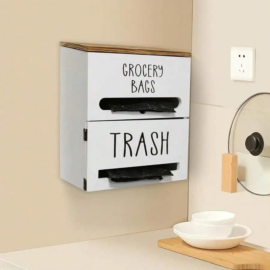 Dispenser per sacchetti per la spazzatura 2 in 1 da parete per cucina, garage, lavanderia, bianco, grande