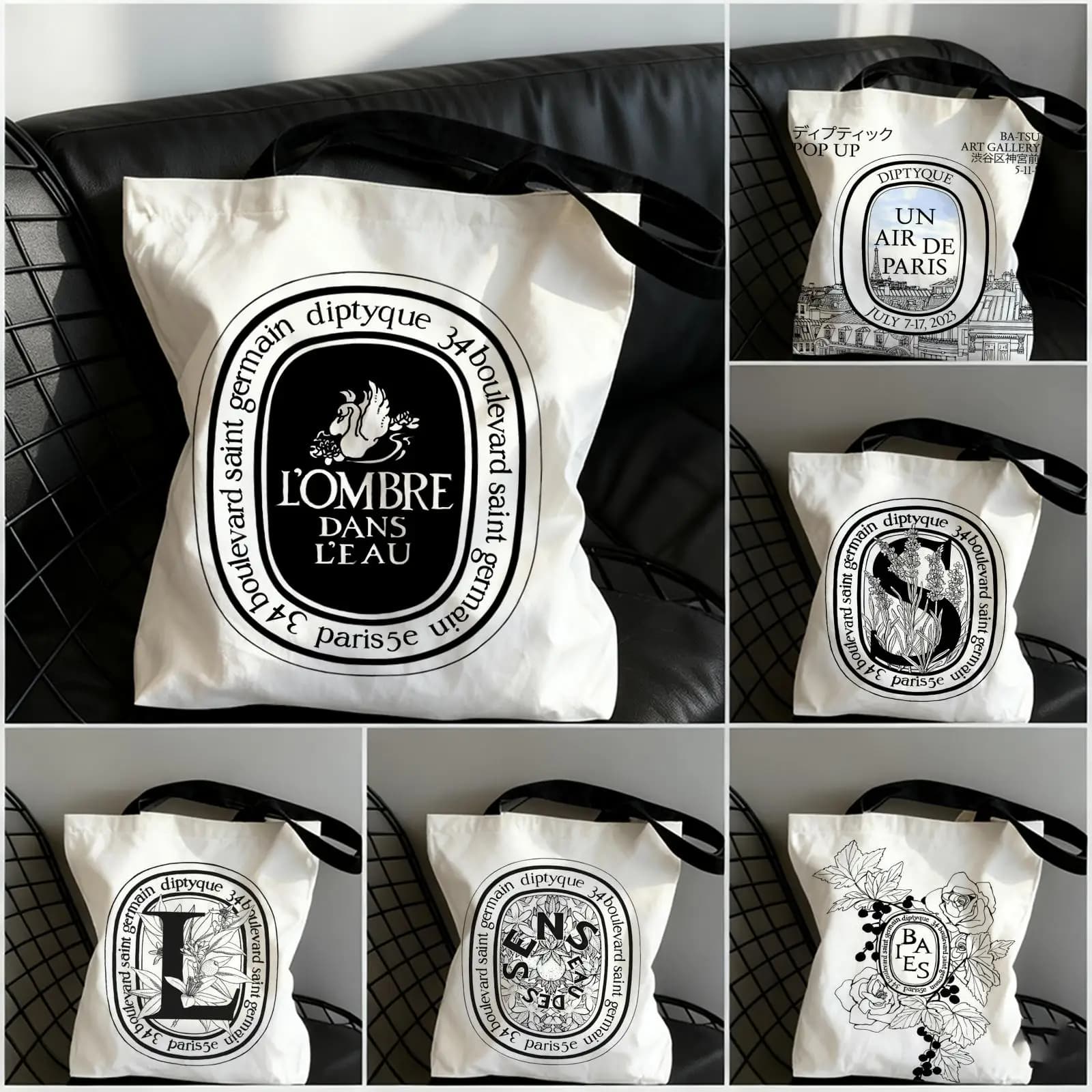 Borse di Lusso D-Diptyques, Borsa Tote in Tela con Stampa su Due Lati, Borsa a Spalla Leggera per Shopping e Uso Quotidiano