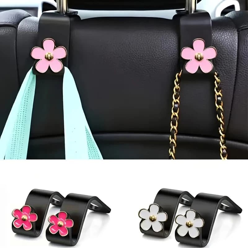 2Pcs Cute Daisy Car Seat Headrest Hook Universal Vehicle Organizer Hanger For Handbag Purse Coat Clothes Storage PC+ABS