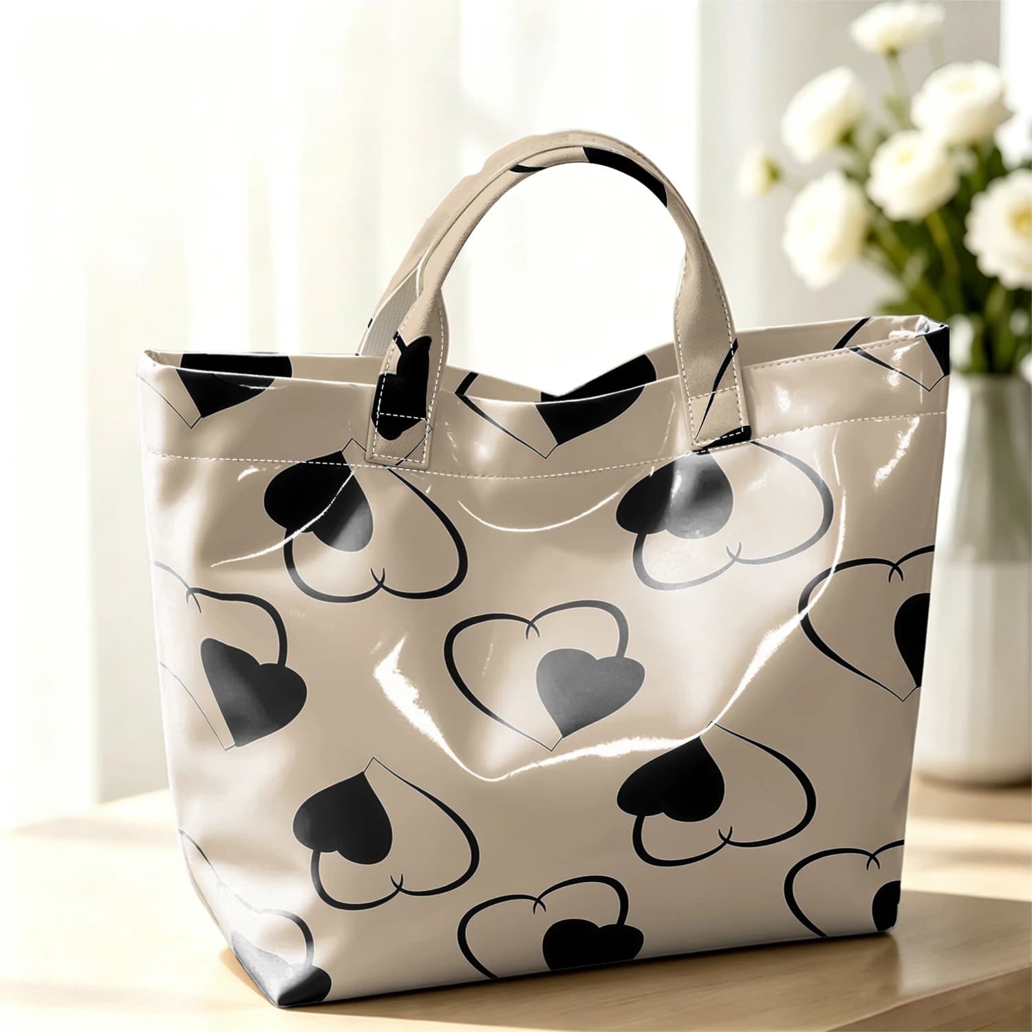 Black Outline Heart Fashion Large Glossy PVC Tote Bag Hand Washable Waterproof Perfect Travel Commute Cosmetic Storage Shopper